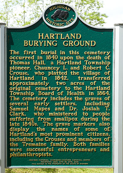 Michigan Historic Marker recognizing the Hartland Burying Ground. Image ©2015 Look Around You Ventures, LLC.